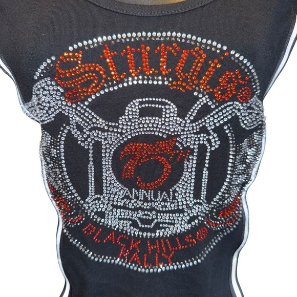 Sturgis Women’s Top SZ Med Orange Black 75th Annual Rhinestone Short Sleeve - Picture 3 of 6